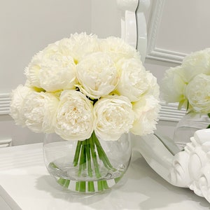 Peony Centerpiece White Large Head-Artificial Faux Centerpiece-French Country Faux Flowers Arrangement-Silk Flowers in Glass Vase
