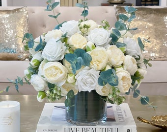 Large Real Touch Rose & Silk Peony Centerpiece: French Country Decor