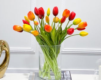 Frühling Real Touch Tulpen in Glasvase, Faux Blumenarrangement, französischer Land Tulpenstil, Blumenarrangement Home Decor