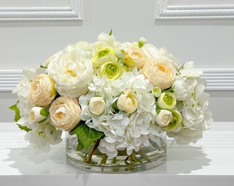 Premium Floral Arrangement/ White Green Mixed Finest Artificial Flower Centerpiece/ Real touch French Decor Faux Arrangement  In Glass Vase