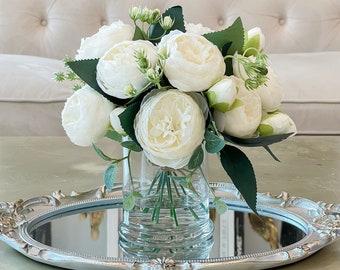 White Peony Arrangement in Vase for Home Decor or Bedroom Table, Pink, White or Red Peony Faux Arrangement, Silk Peonies In Vase