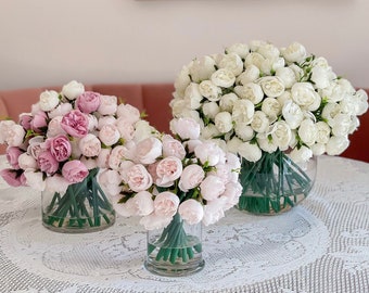 White/Pink Peony Arrangement-Artificial Faux Centerpiece-Silk Flowers Arrangement-Modern Arrangement in Glass Vase