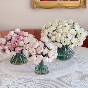White/Pink Peony Arrangement-Artificial Faux Centerpiece-Silk Flowers Arrangement-Modern Arrangement in Glass Vase