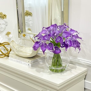 Purple Real Touch Calla Lillies Arrangement, Artificial Faux Centerpiece, Faux Floral Flowers in Glass Vase for Home Decor,French Decor