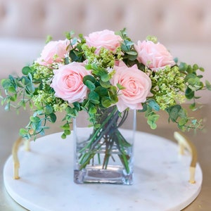 Pink Roses Flower Arrangement, Floral Flowers, Silk Artificial Faux Flowers in Glass Vase for Home Decor, Pink/Blush Rose Centerpiece