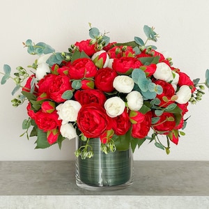 Large Peonies Faux Floral Arrangement and Centerpiece as Christmas Centerpiece, Silk Peony Centerpiece In Glass Vase for Home Decor