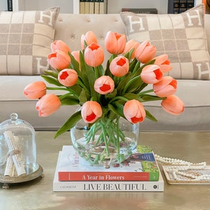 Large Tulip Table Centerpiece-Peach/Orange Tulip Flower Arrangement-Dinner Table Centerpiece Tulip-Floral Arrangement-Real Touch Arrangement image 1