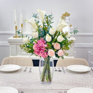 Tall Real Touch Floral Arrangement for Foyer Table,Large French Centerpiece Real Touch Hydrangeas, Calla Lilies, Tulips, Finest Silk Peonies