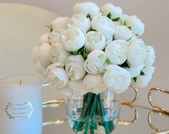 White Peony Arrangement-54 Silk Small Peonies Arrangement-Artificial Faux Centerpiece-Silk Flowers Arrangement-Home Decor Modern Arrangement