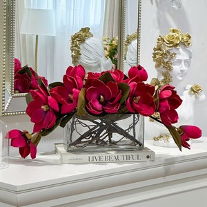 Luxurious  Arrangement- Magnolia Faux Floral Arrangement-Large Real Touch Magnolia in Vase-Long Table Arrangement-Room Centerpieces