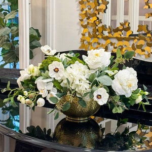 Luxurious French Style Decor Real Toych Arrangement-White Green Arrangement In Timeless Gold Vase, Home Decor Flowers