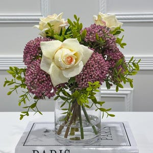 Lavender Pink Berries, Premium Real touch Roses Arrangement in Glass vases
