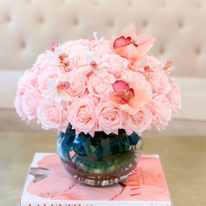 Real Touch Pink Rose Flower Arrangement-Rose Centerpiece-Rose Floral Arrangement-Centerpiece for Dining Table Real Touch Pink/White Orchid