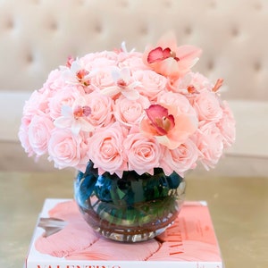 Real Touch Pink Rose Flower Arrangement-Rose Centerpiece-Rose Floral Arrangement-Centerpiece for Dining Table Real Touch Pink/White Orchid image 1