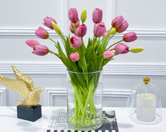 Spring Real Touch Tulips in Glass Vase, Faux Flower Arrangement, French Country Tulip Style, Floral Arrangement Home Decor