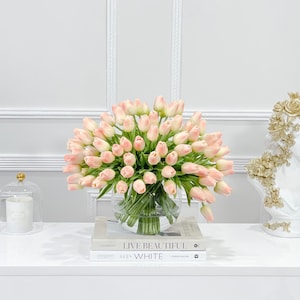 XX-Large 100 Pink Peach Tulip- Large Centerpiece-ModernTulips in Vase-Large Real Touch Tulip Arrangement-Unique Faux Floral Arrangement