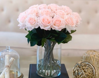 14" Large Size Pink/Blush Rose Real Touch Arrangement-Roses Centerpieces-Floral Arrangement-Faux Rose Centerpiece-Artificial Roses