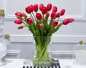 Real Touch Ruby Pink Tulip Arrangement: French Country Centerpiece