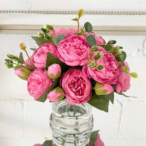 Roze roos pioenarrangement-zijden arrangement in glazen vaas-pioenroos-kunstmatig nepbloemstuk-meubelstuk woondecoratie