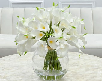 Faux Calla Lilies in Glass Vase, Real Touch Floral Arrangement, Artificial Lily Faux Centerpiece, Faux Floral Home Decor