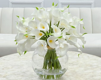 Real Touch Calla Lilies in Glass Vase: Faux Floral Centerpiece