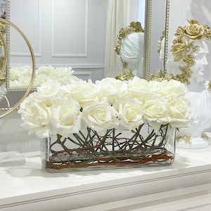 Rose Centerpiece-Modern Arrangement Long White/Off White Real Touch Roses-Artificial Rose Centerpiece-Luxury French Arrangement-Home Decor