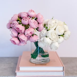 Pink/White Peony Arrangement-Silk Peonies In Glass Vase-Peony Centerpiece-Artificial Faux Flower Arrangement-Modern Arrangement