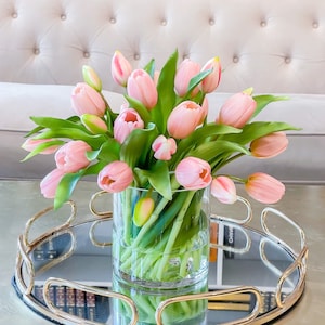 Pink Tulip Arrangement, Real Touch Tulip Centerpiece, Faux Tulip Flower Arrangement Vase, Real Touch Tulips Centerpiece for Home Decor Table