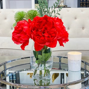 Christmas or Valentine Faux Flower Arrangement in Vase, Peony Floral Arrangement, Peony Centerpiece, Red Arrangement Real Touch
