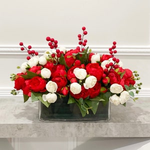 Red Peony Flower Arrangement-Large Rose Floral Arrangement Centerpiece-Red Centerpiece-Silk Peony Centerpiece In Glass Vase Home Decor