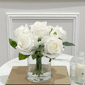 Real Touch White Roses Arrangement in Vase, French Country Artificial Flower Centerpiece, Faux Floral Arrangement Home Decor Dining Table
