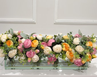 Arrangement gemengde rozenpioen: lang zijden bloemenstuk, Frans landelijk decor