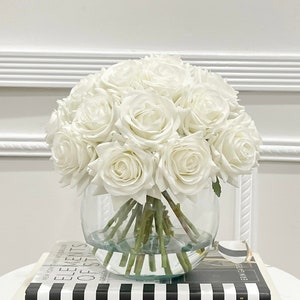 French Country Artificial Flowers Arrangement-Wedding Flower Arrangement-Real Touch White Roses Arrangement-White Rose Modern Centerpiece image 2