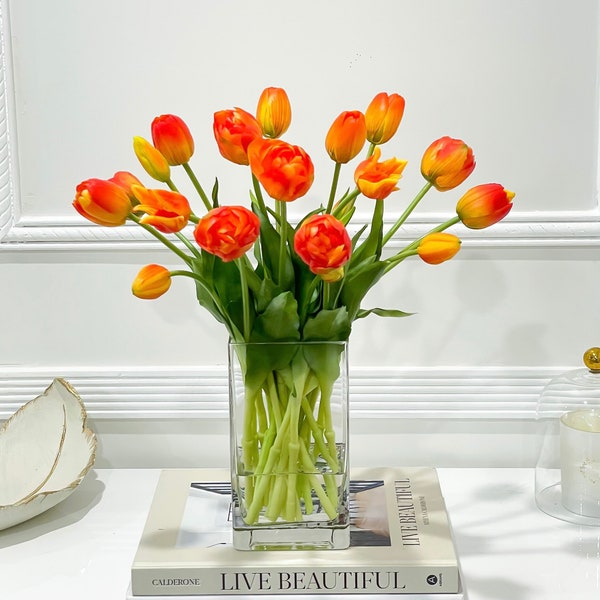 Spring Real Touch Tulips in Glass Vase, Orange French Country Style Flower, Home Decor Faux Flower Arrangement, Floral Arrangement