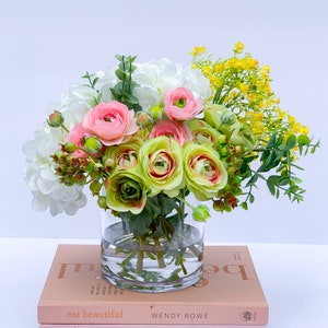 Silk floral arrangement-Green/Pink Ranunculus-Artificial Ranunculus Arrangement-Ranunculus Centerpiece-White Hydrangea -Faux Ranunculus