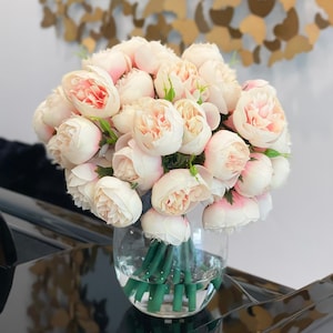 Champagne Peony Arrangement-Silk Peonies In Glass Vase-Peony Centerpiece-Artificial Faux Flower Arrangement-Home Decor Centerpiece