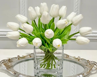 30 White Tulips Floral Arrangement, Real Touch Tulip Centerpiece, Artificial Faux Forever Flowers in Glass Vase, Home Decor Tulips Flower