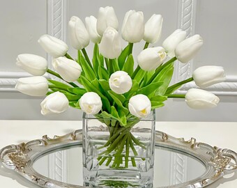 White Tulip Floral Arrangement: Real Touch Faux Flowers in Glass Vase