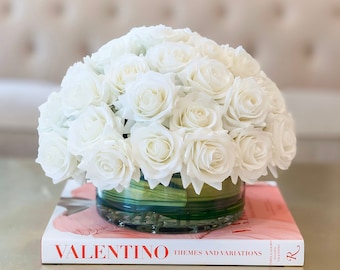 40 Roses Large Centerpiece-Roses Centerpiece-White Real Touch Rose Arrangement-Artificial Luxury Arrangement-Faux Rose Modern Arrangement