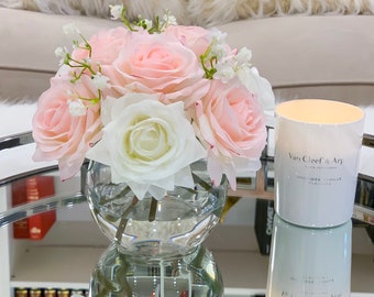 Blush/White Real Touch Rose Arrangement-Real Touch Flower Arrangement-Floral Arrangement-Pink Rose Centerpiece-Faux Rose Arrangement