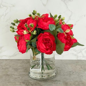 Red Rose Peony Arrangement-Silk Peonies In Glass Vase-Peony Centerpiece-Artificial Faux Flower Arrangement-Home Decor Centerpiece