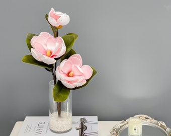 Arreglo floral de seda de tacto real alto-Magnolia premium en jarrón- 17'- Centro de mesa de magnolia rosa-Arreglo de invierno/magnolia sintética