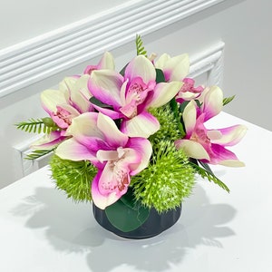 Real Touch Purple Orchid Arrangement, Artificial Faux CenterpieceFloral Flower Arrangement Silk Flowers In Black Vase For French Decor