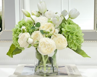 French Country Peony Arrangement in Vase, White Floral Arrangement, Real Touch Green Hydrangea Centerpiece, White Tulip Peony for Home Decor