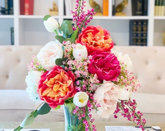 Large Real Touch Flower Arrangement-Large Dining Table Centerpiece-Real Touch Pink/Magenta Peony Centerpiece-Tulip Hydrangea Centerpiece