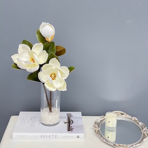 Tall Real Touch Silk Magnolia Floral Arrangement-Premium Magnolia In Vase- 17' White/Cream Magnolia Centerpiece-Faux Magnolia Arrangement