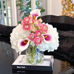 French Style Ranunculus Arrangements/White Hydrangeas/Calla Lily  Arrangement Artificial Faux Forever Flowers in Glass Vase for Home Decor