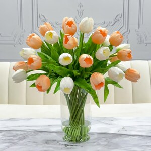 XX Large Real Touch Tulip Arrangement , Peach/White  Artificial Tulip Faux Centerpiece Luxury Floral Decor,Centerpiece French Country Style