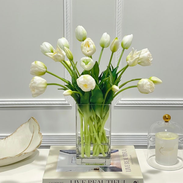 Premium witte Real Touch pioenrozen Tulp in glazen vaas, Home Decor Faux Bloemen Arrangement, Franse landbloemen Decorstijl, Modern Decor