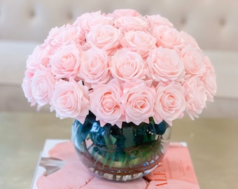 Real Touch Flower Arrangement-Baby Pink/Pink/Blush Rose Flower Arrangement-Roses Arrangement-Rose Centerpieces-Real Touch Rose Arrangement